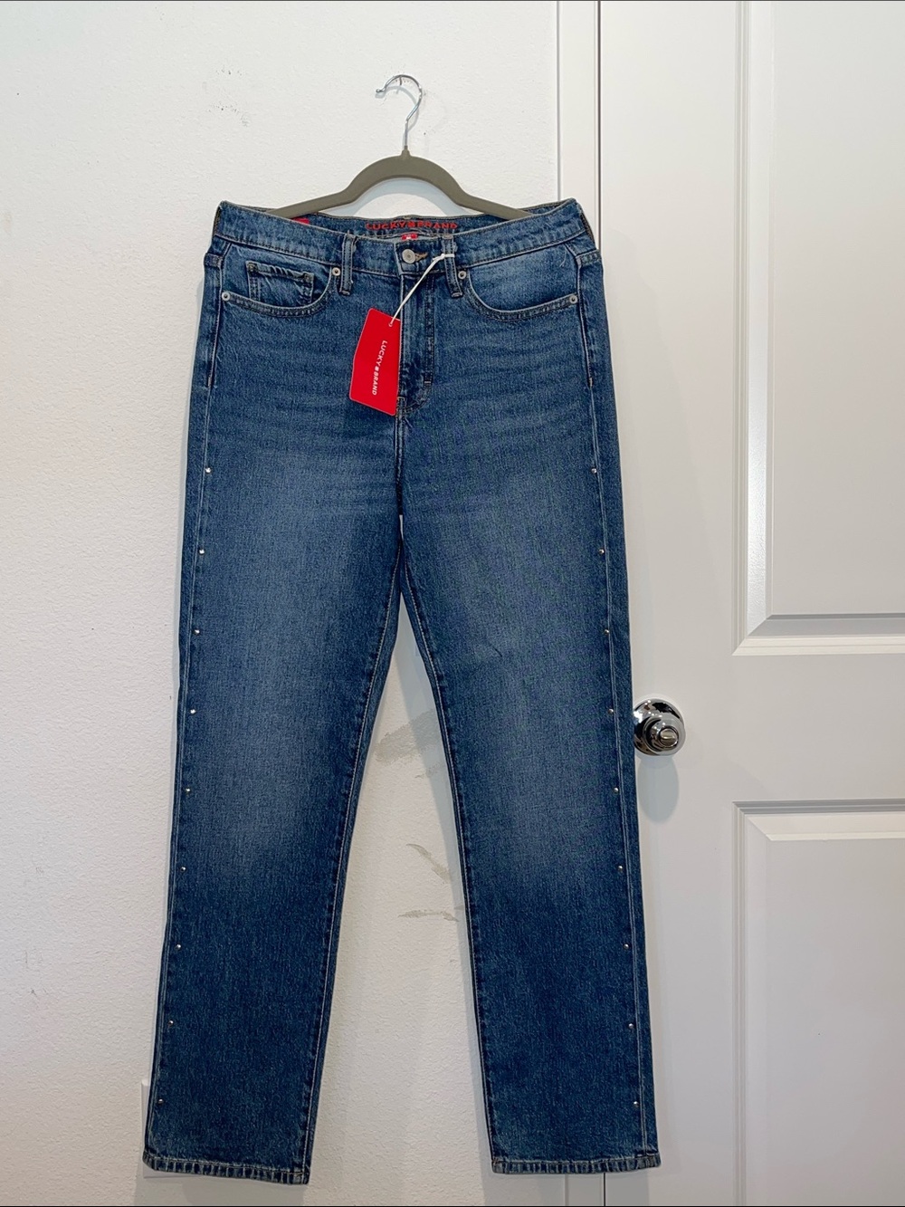 Dark Wash Straight Leg Jeans with Side Stud Detail
